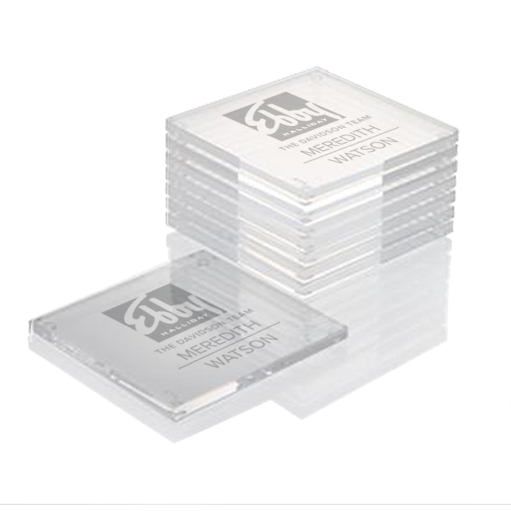 Ebby Halliday logo branded custom name coasters set of four acrylic
