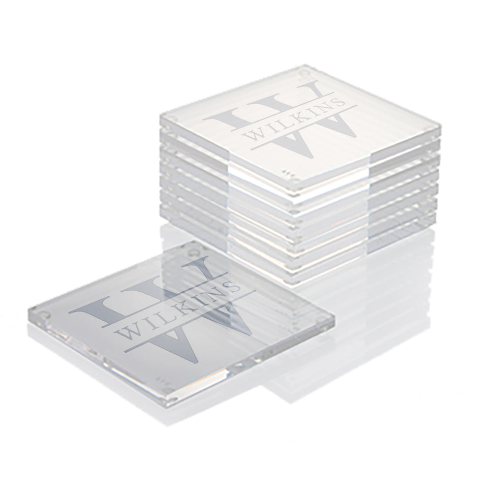 Frosted engraved custom acrylic coasters set of 4, initial and last name design