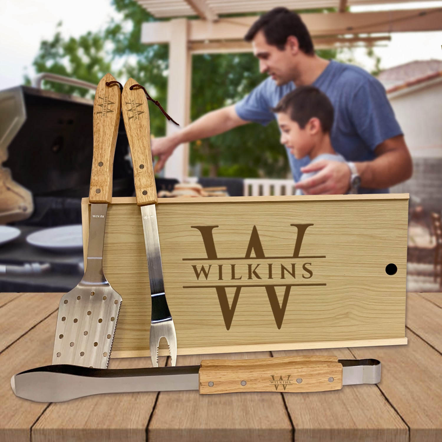 Custom Engraved Bamboo Grill Set