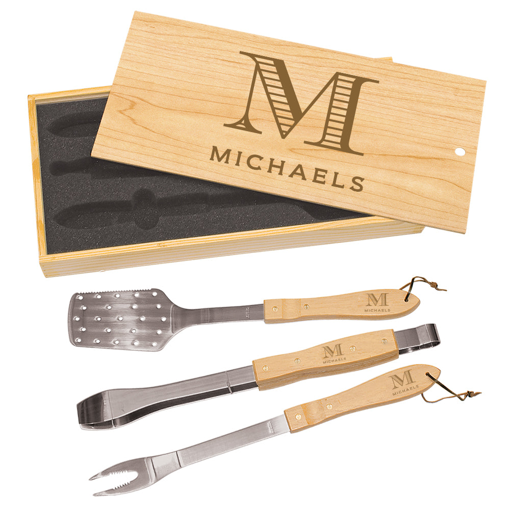 Custom Engraved Bamboo Grill Set