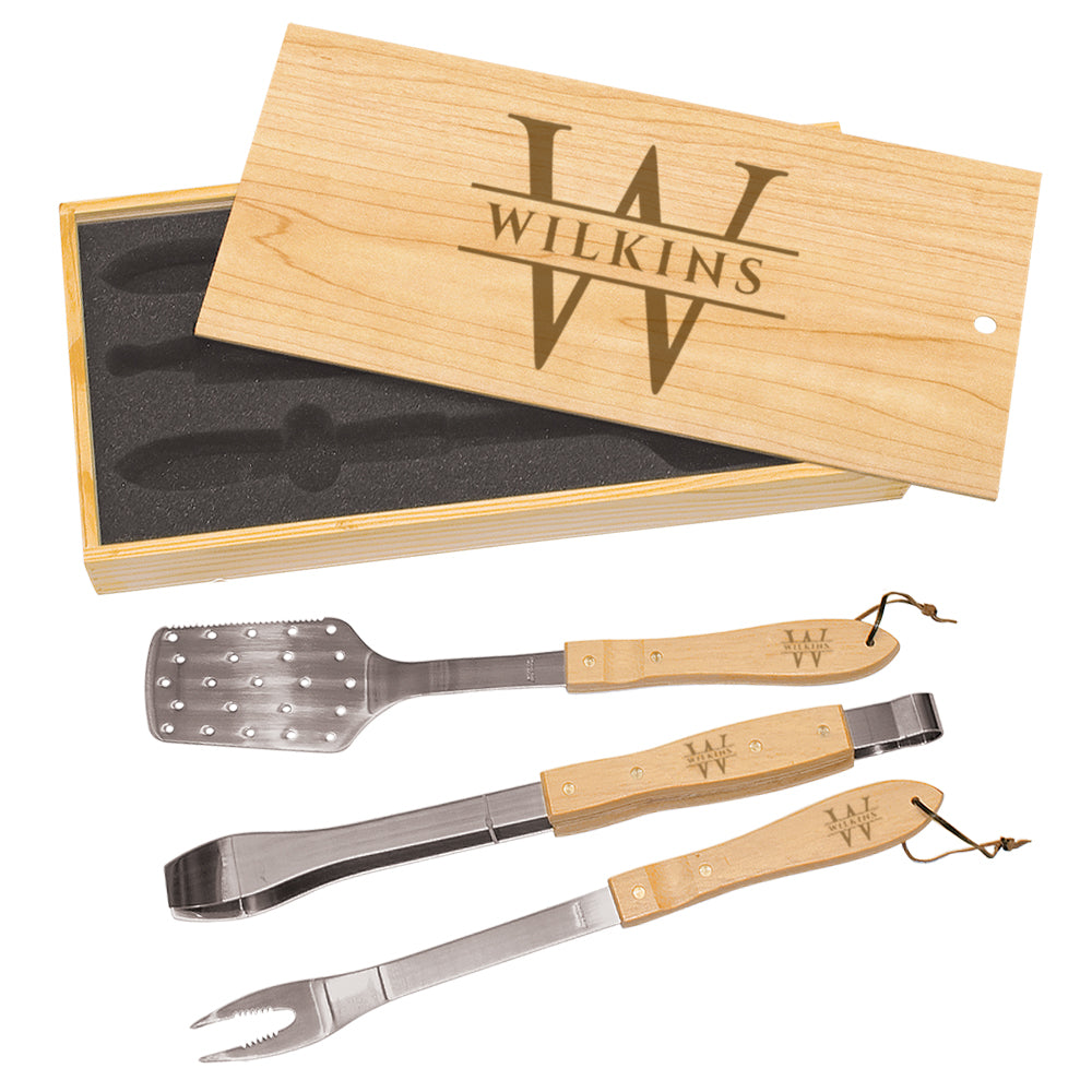 Custom Engraved Bamboo Grill Set