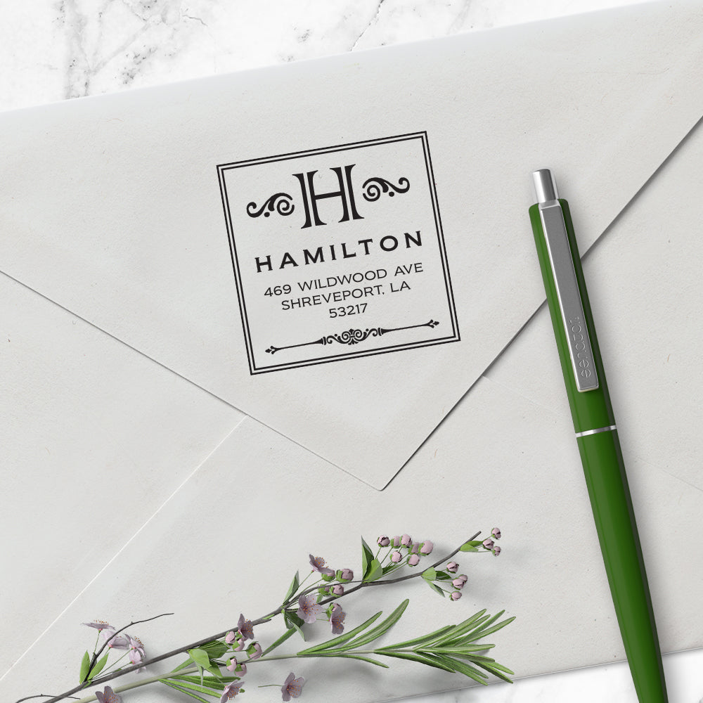 Square Return Address Last Name One Letter Monogram Custom Designer Stamp