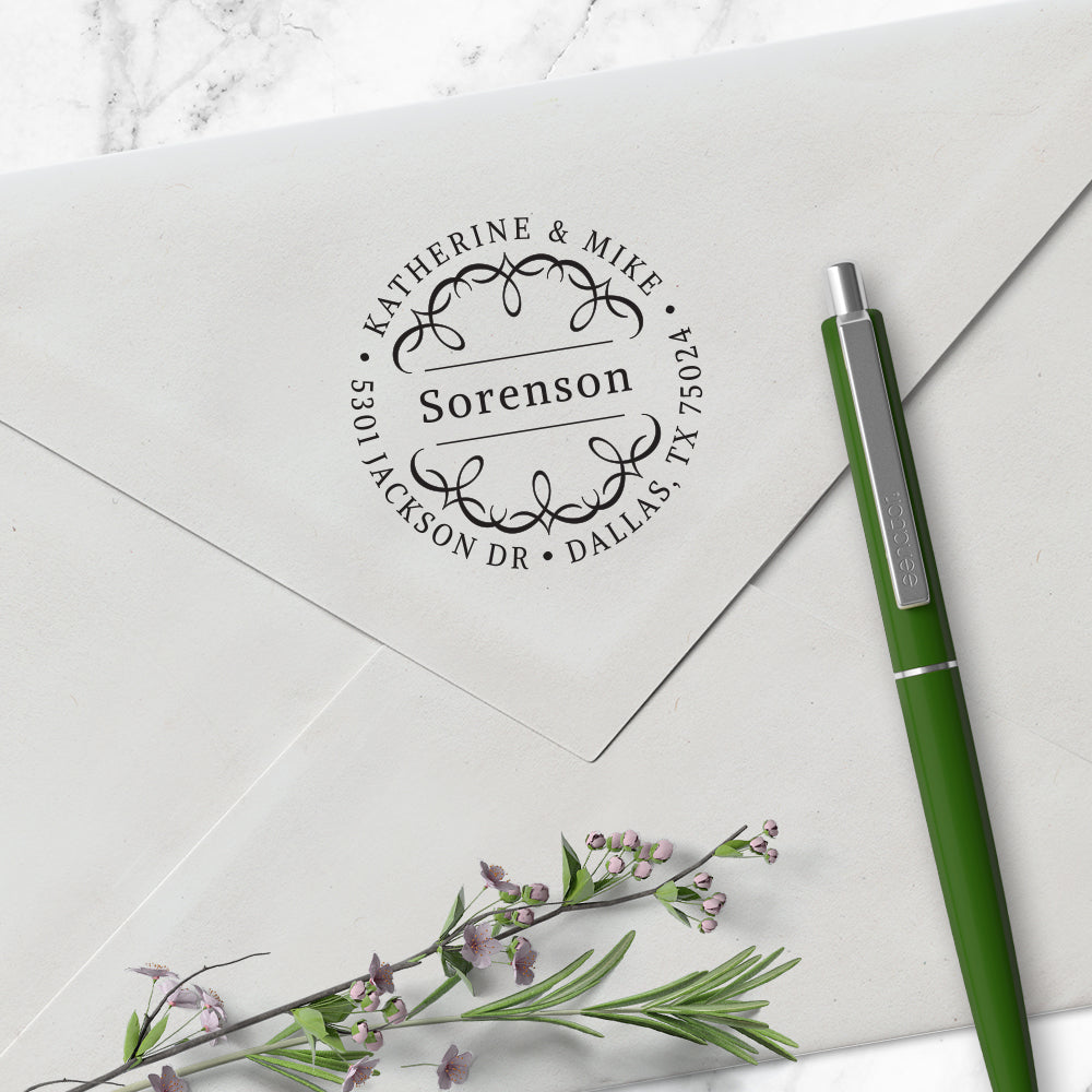Round Return Address Last Name Custom Designer Stamp