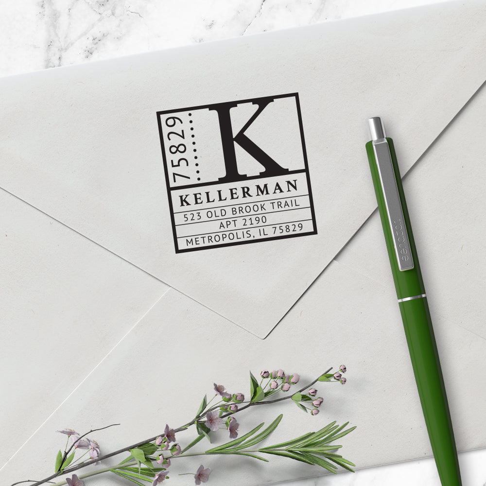 Square Return Address Last Name One Letter Monogram Custom Designer Stamp