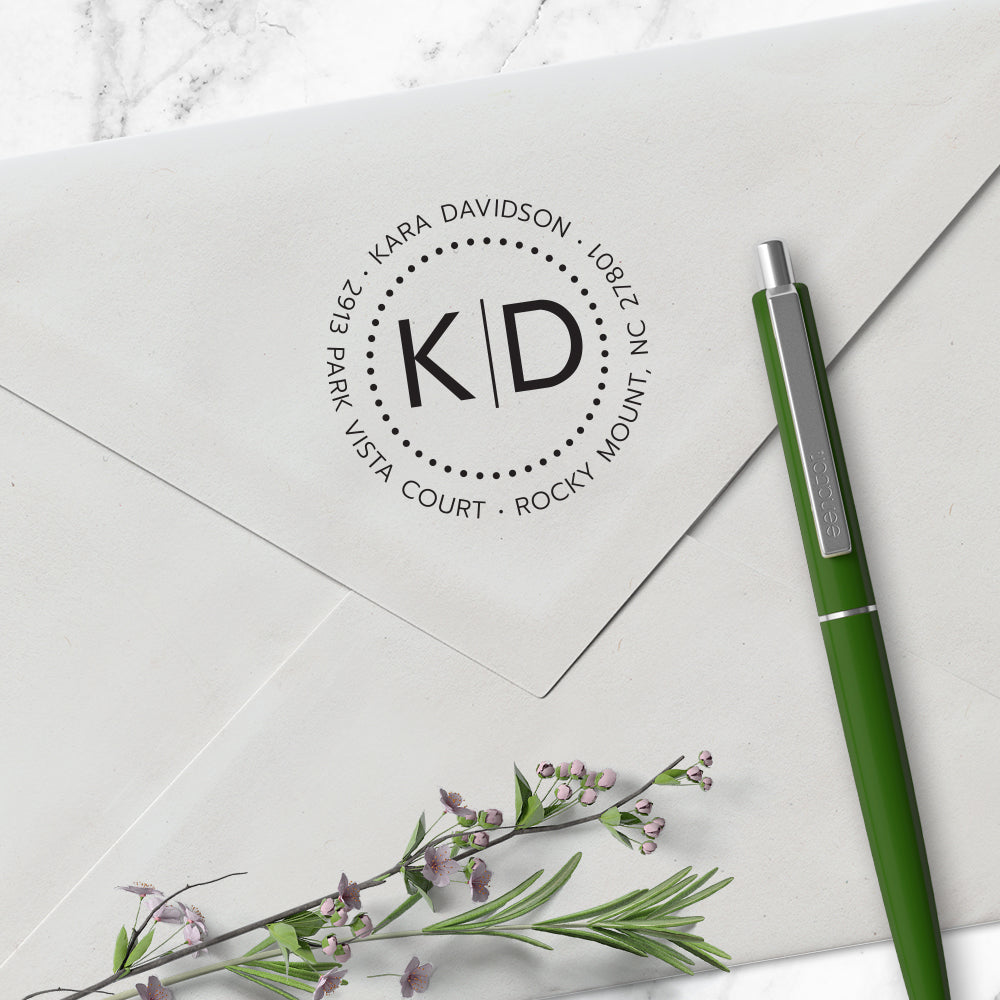 Round Return Address Last Name Two Letter Monogram Custom Designer Stamp