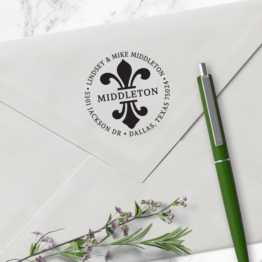 Round Return Address Last Name fleur de lis Custom Designer Stamp