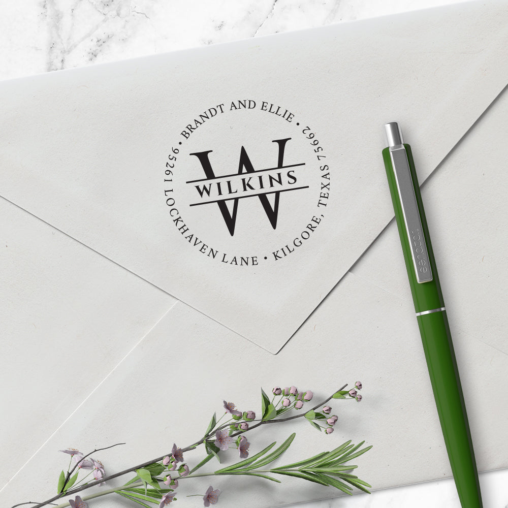 Round Return Address Last Name One Letter Monogram Custom Designer Stamp