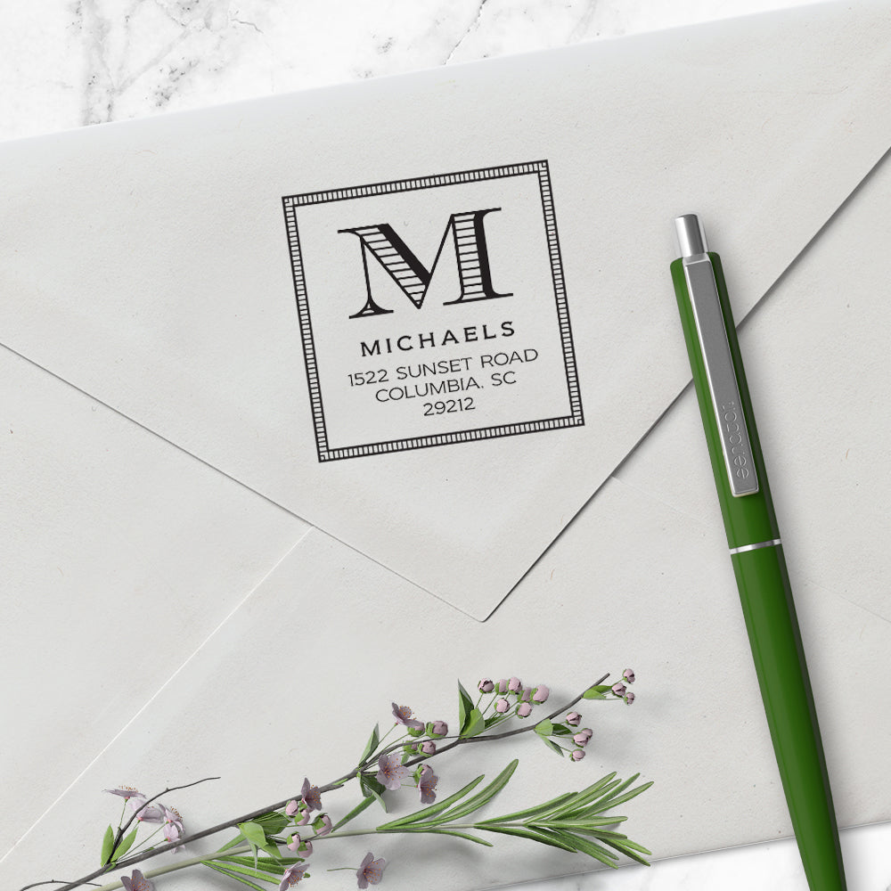 Square Return Address Last Name One Letter Monogram Custom Designer Stamp