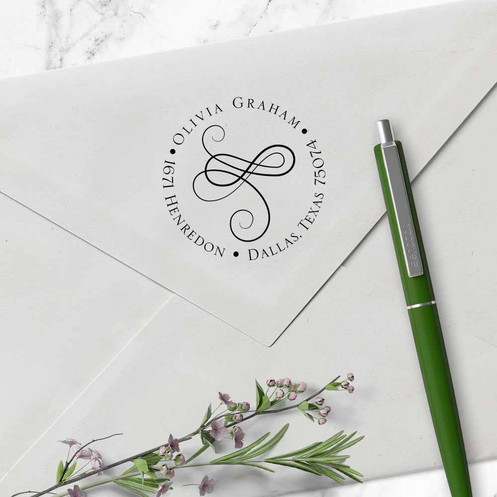 Ornate Round Return Address Name Custom Designer Stamp