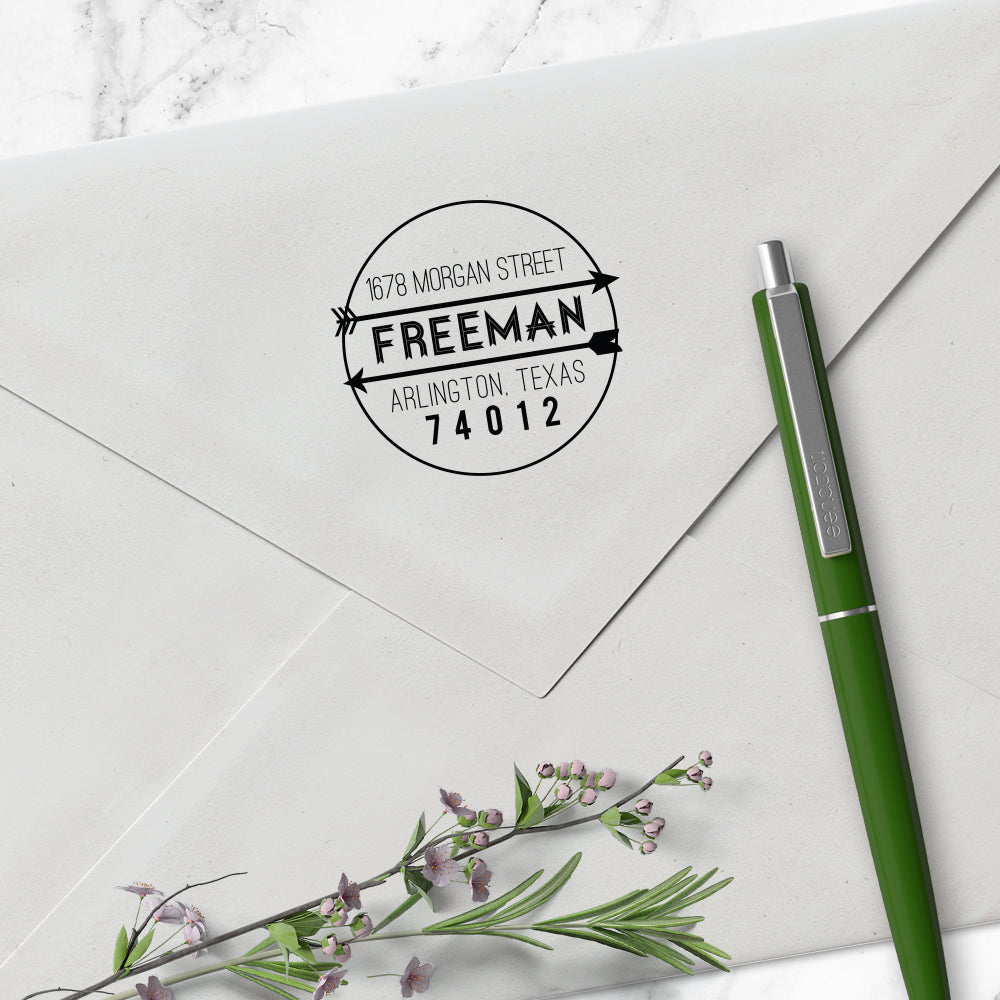 Round Arrows Return Address Last Name Custom Designer Stamp