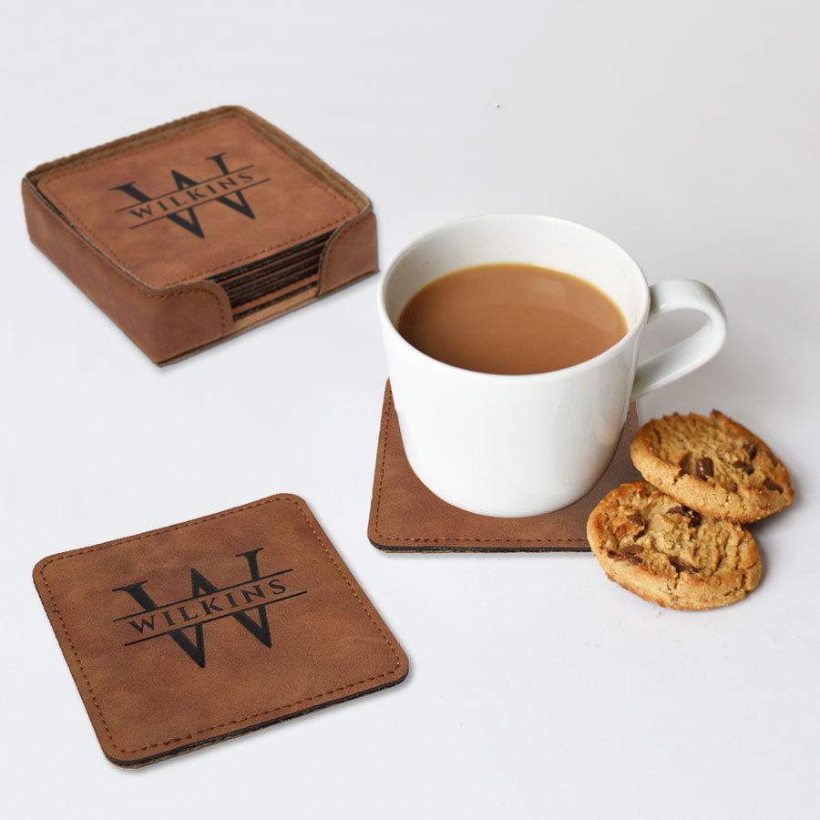 Faux Leather engraved square coaster set with initial and last name
