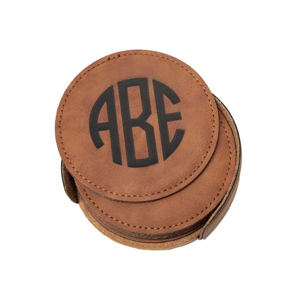 Faux Leather engraved round coaster set with three letter monogram