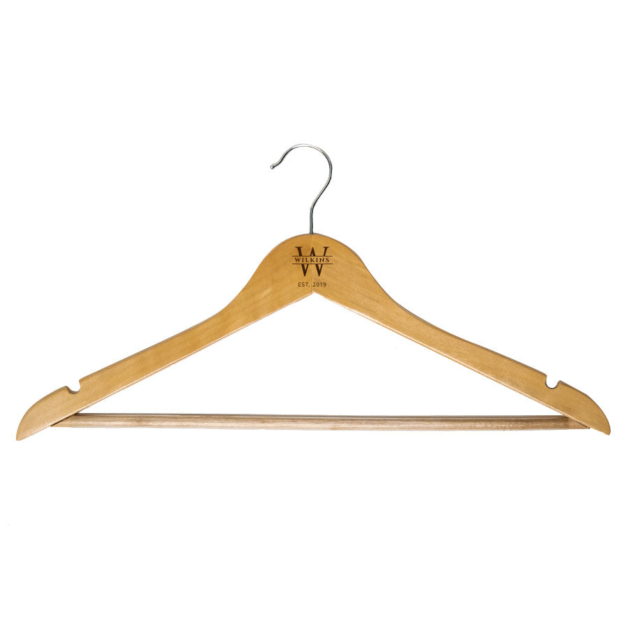 Custom engraved wooden hangers for family initials, last name and est date