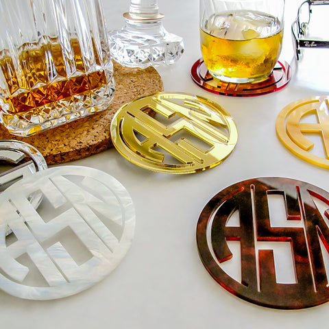 Gatsby Collection Custom Laser Cut Three Letter Monogram Coasters from Resource.Direct