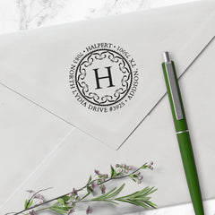 Round Return Address Last Name One Letter Monogram Custom Designer Stamp