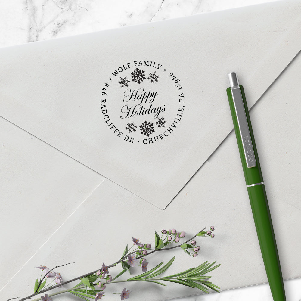 Custom Happy Holidays Round Address Stamp