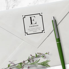 Square Return Address Last Name One Letter Monogram Custom Designer Stamp