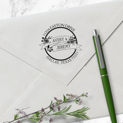 Roung Return Address flowers ribbon names Custom Designer Stamp