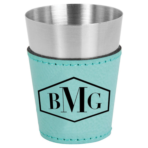 20 oz stainless steel leather wrapped custom engraved shot glass with three letter monogram for closing gifts