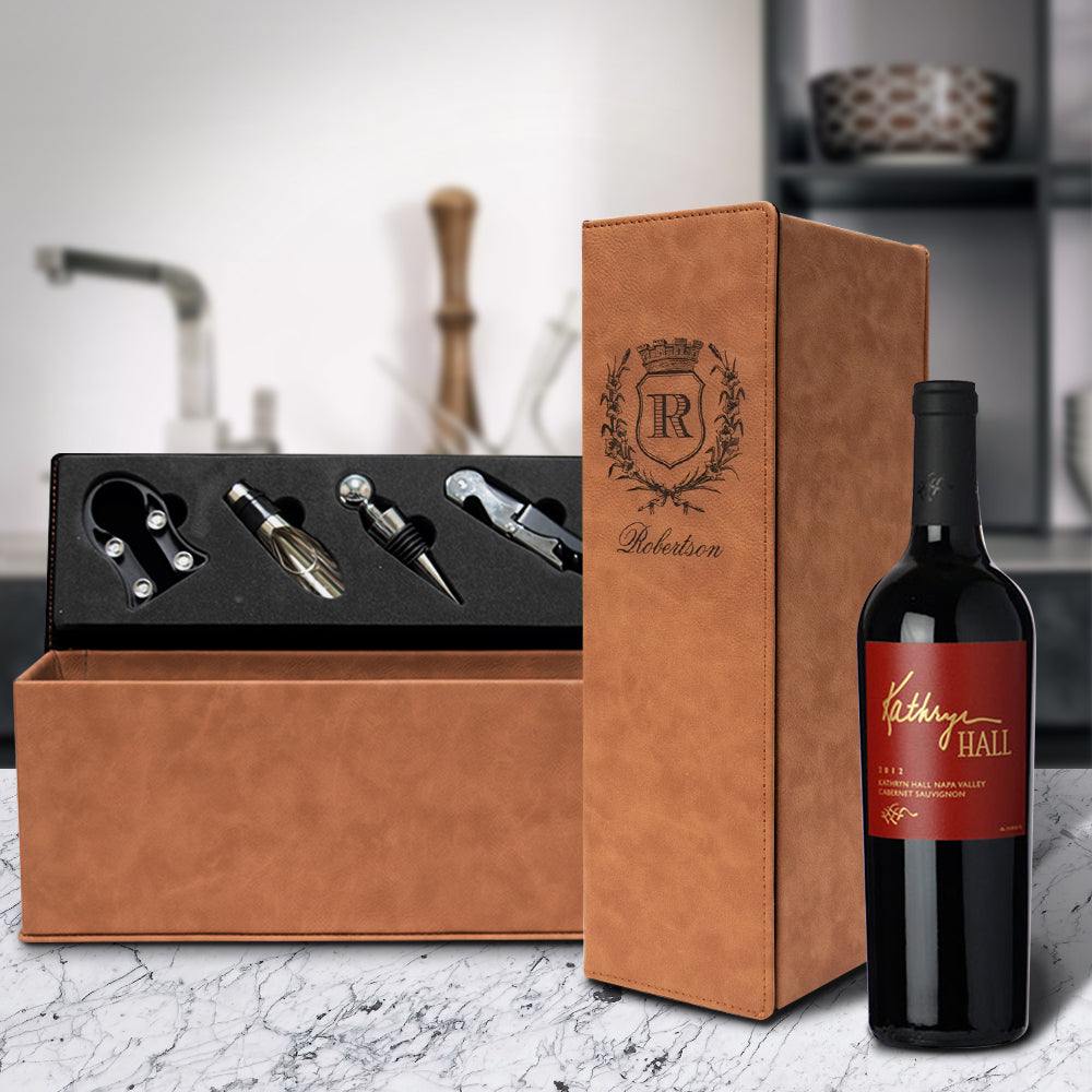 Faux Leather engraved wine box set with wreathe crest initial last name