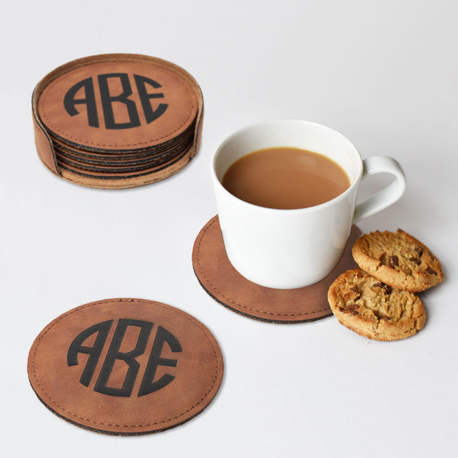 Faux Leather engraved round coaster set with three letter monogram