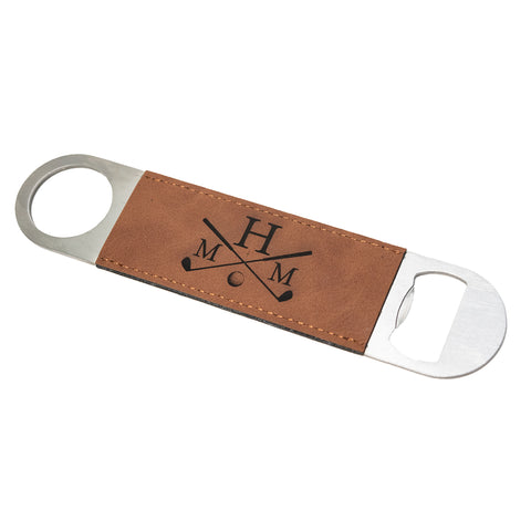 Large Faux Leather engraved bottle opener with three monogram and golf clubs and golf ball