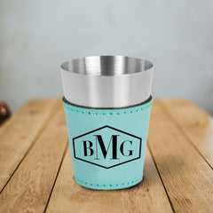 20 oz stainless steel leather wrapped custom engraved shot glass with three letter monogram for closing gifts