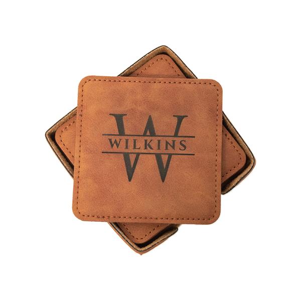 Faux Leather engraved square coaster set with initial and last name