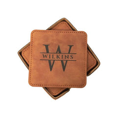 Faux Leather engraved square coaster set with initial and last name