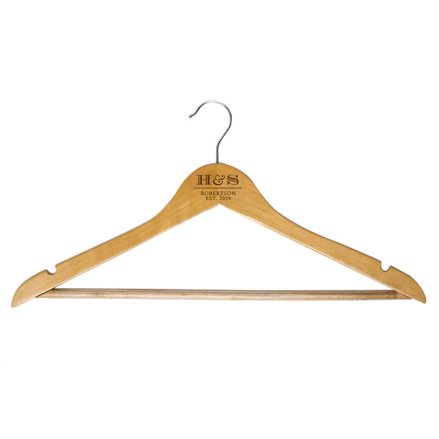 Custom engraved wooden hangers for couple initials, last name and est date